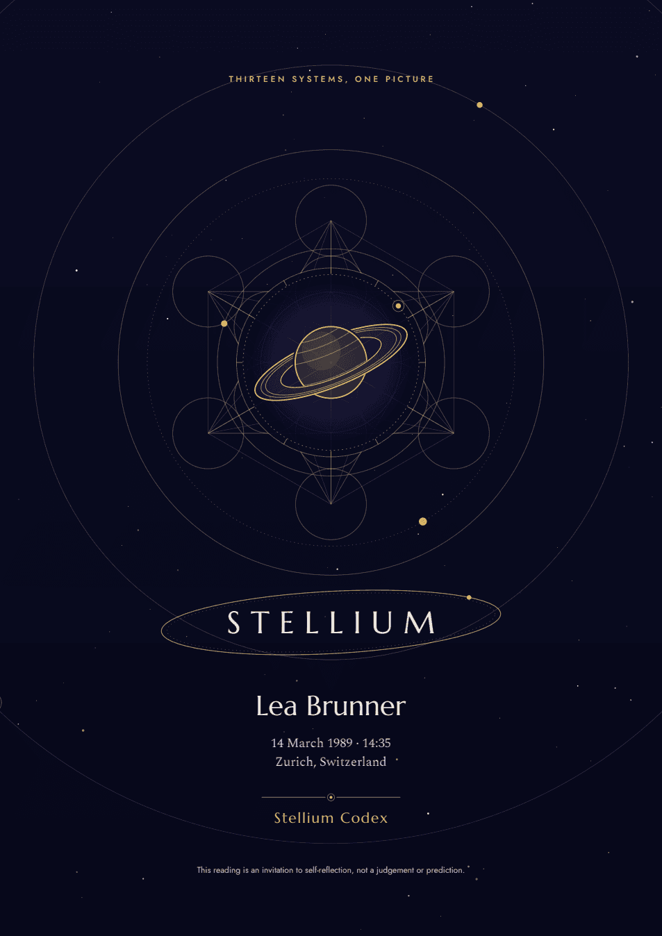 Cover of the example PDF for Lea Brunner: Saturn inside Metatron's cube, below it the name and the word Stellium.