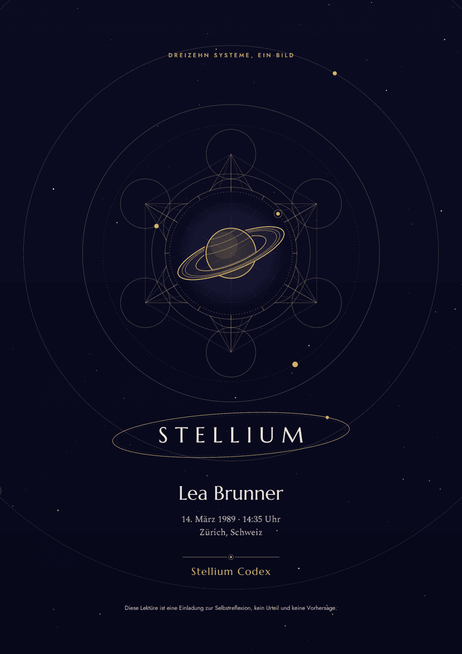 Deckblatt des Beispiel-PDFs für Lea Brunner: Saturn im Metatron-Würfel, darunter der Name und der Schriftzug Stellium.